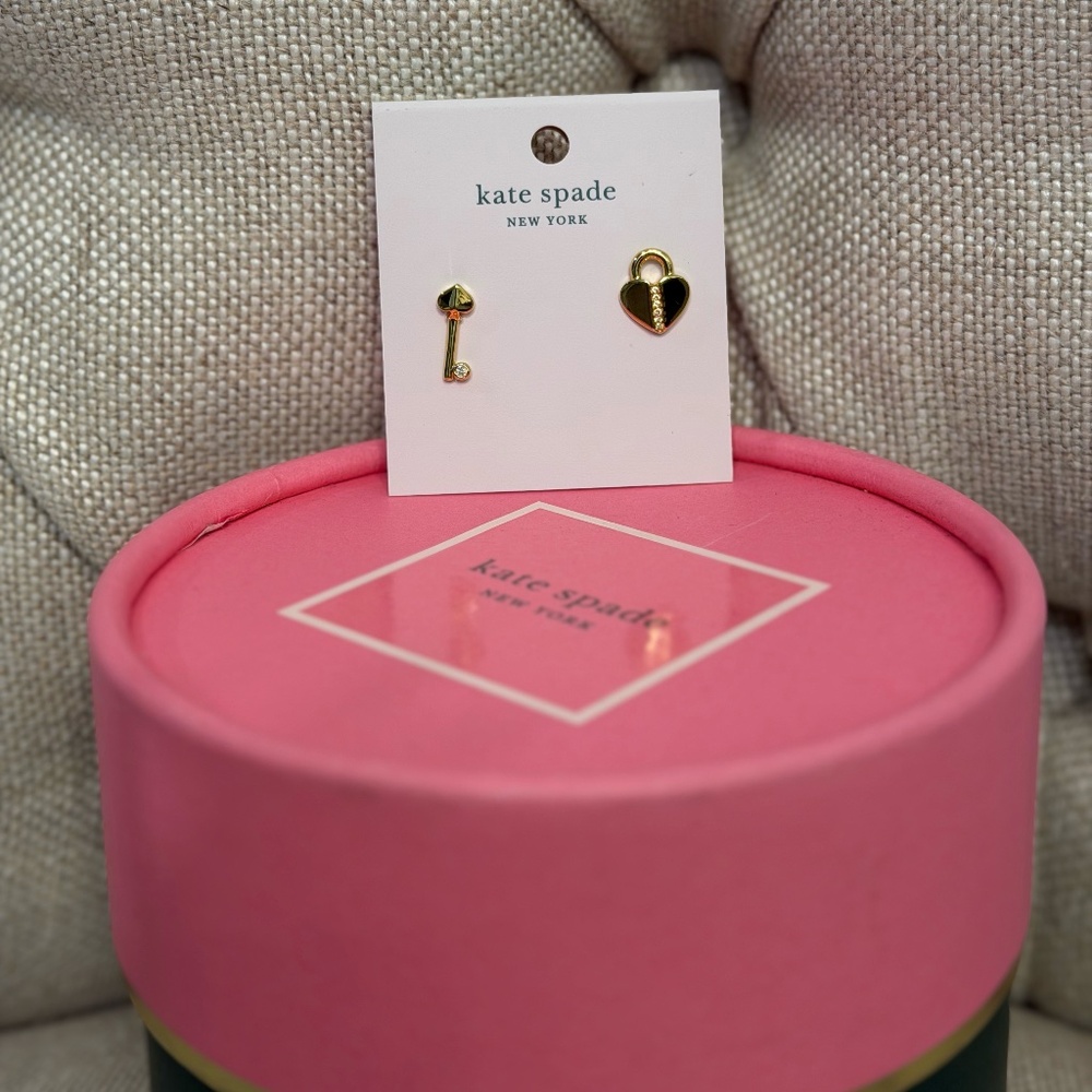 NEW Kate Spade Lock & Spade Pave Asymmetrical Stud Gold Plate Earrings Studs